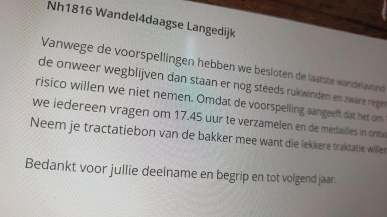 Voorspelling noodweer zorgt voor afgelasting laatste etappe Wandel4Daagse Langedijk