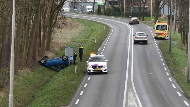 Bestuurster belandt op de kop naast de N242 vanwege haar hondje