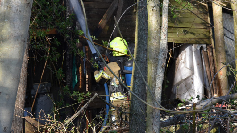 Brandweerman in beschermende kleding en helm gebruikt een brandslang om een vuur te bestrijden in een bosrijke omgeving met bomen en struiken.