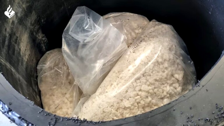 Plastic zakken gevuld met wit poeder in een grote zwarte container, mogelijk een opslag of verzameling van substanties.