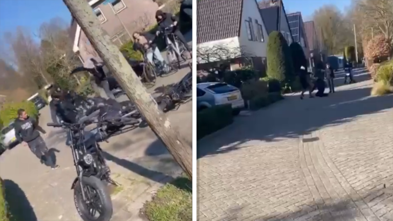 Een opname gesplitst in twee delen toont mensen op een straat; links staan sommigen bij elektrische fietsen en rechts zijn mensen aan het praten op een rustige woonstraat met bomen en auto's.