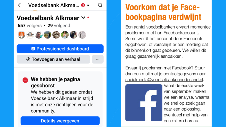 Twee afbeeldingen: Links, een screenshot van de Facebook-pagina van Voedselbank Alkmaar met een melding van paginabeslissingen en rechts, een waarschuwingsbericht van Voedselbanken Nederland met advies om Facebookproblemen te melden via e-mail.