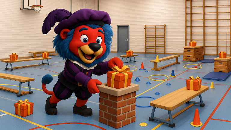 Een vrolijke leeuwenkostuum mascotte zet een cadeautje op een kunstmatige schoorsteen in een gymzaal vol met cadeautjes en sportuitrusting.