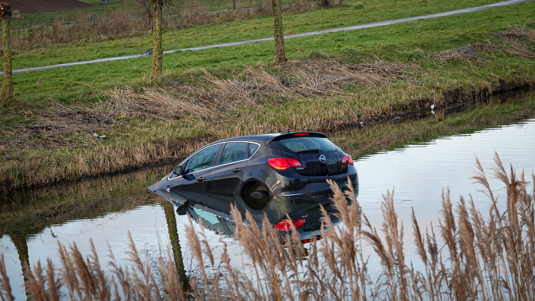 Een zwarte auto is deels ondergedompeld in een waterkant in een groene omgeving.