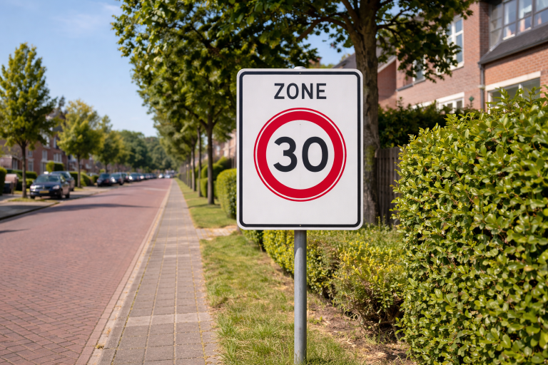 Verkeersbord met snelheidslimiet "Zone 30" in een groene woonwijk met bomen en geparkeerde auto's langs de straat.