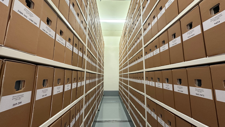 Dozen met archiefdozen staan op hoge, smalle planken in een lange gang.