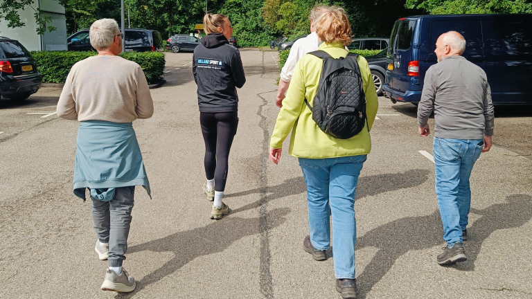 Vijf mensen wandelen samen over een parkeerplaats, omringd door geparkeerde auto's en groene bomen.