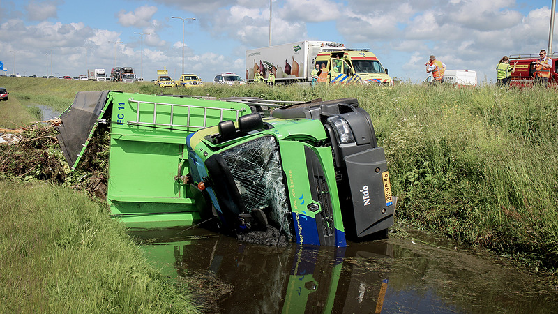 Vrachtwagen gemeente Heerhugowaard eindigt in water langs N242