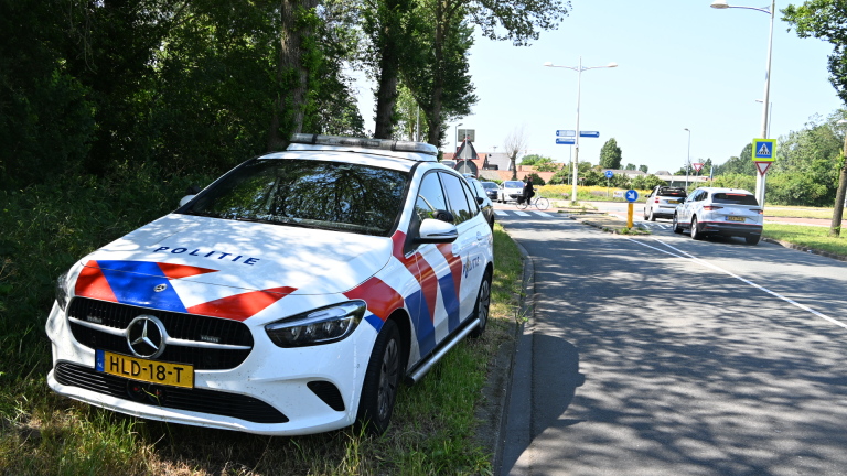 Een Nederlandse politieauto geparkeerd langs een weg met bomen en verkeersborden in de achtergrond.
