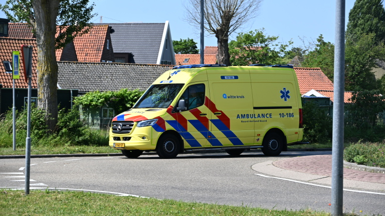 Een Nederlandse politieauto geparkeerd langs een weg met bomen en verkeersborden in de achtergrond.