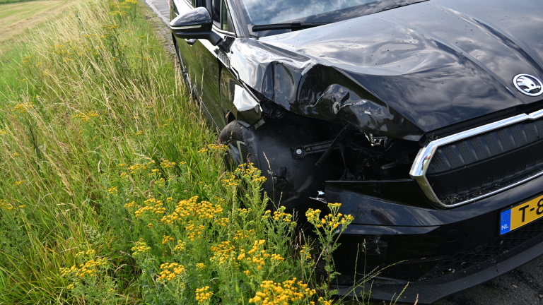 Zwarte auto met beschadigde voorkant staat naast een weg met hoog gras en gele bloemen.