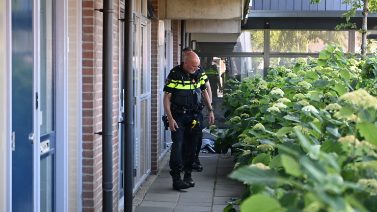 Politieauto en ambulance geparkeerd in een woonstraat met huizen en bomen, met meerdere auto’s langs de weg